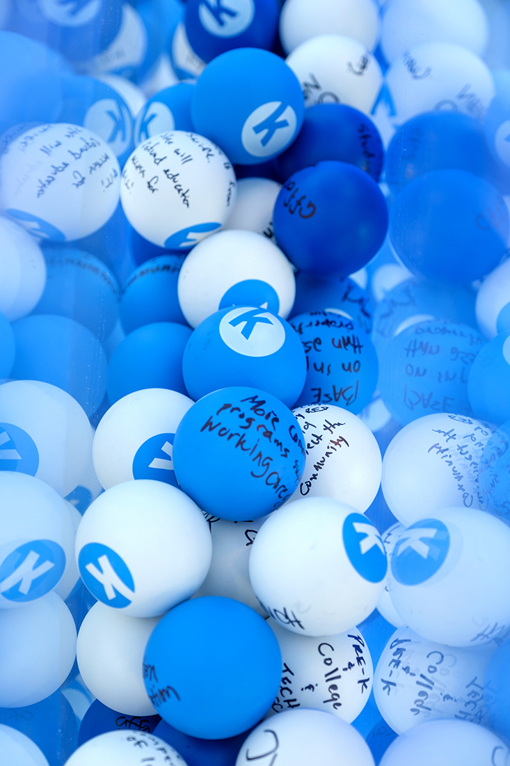 The big ideas TEDxKC attendees wrote on bouncy balls and added to the heart at the Kauffman Foundation installation.